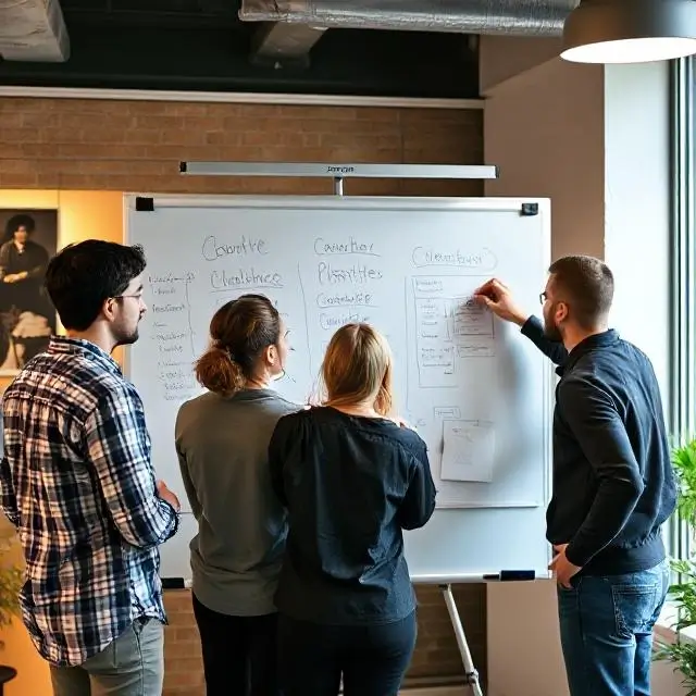 Team collaborating around a whiteboard